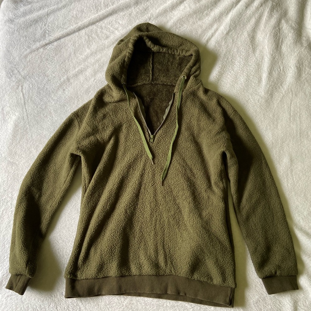 Olive Green Fuzzy Sherpa Sweatshirt Hoodie